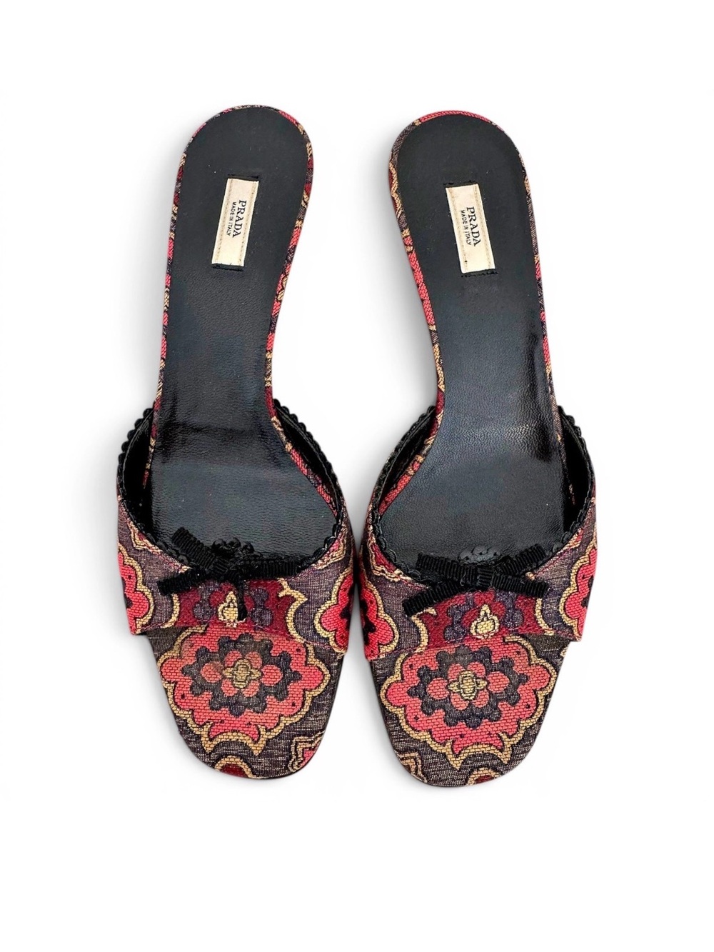 Prada EU 37.5 Vintage Gold Red Brocade Red Bow Kitten Heels Open Toe Shoes Y2K